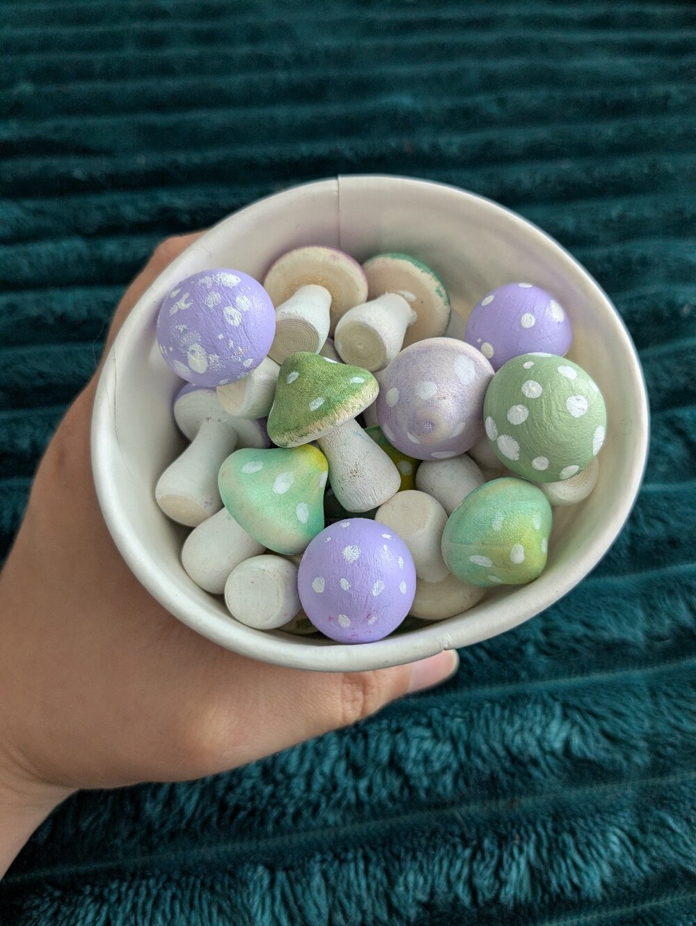 Hand-Painted Wooden Mushrooms - Pastel Purple & Green